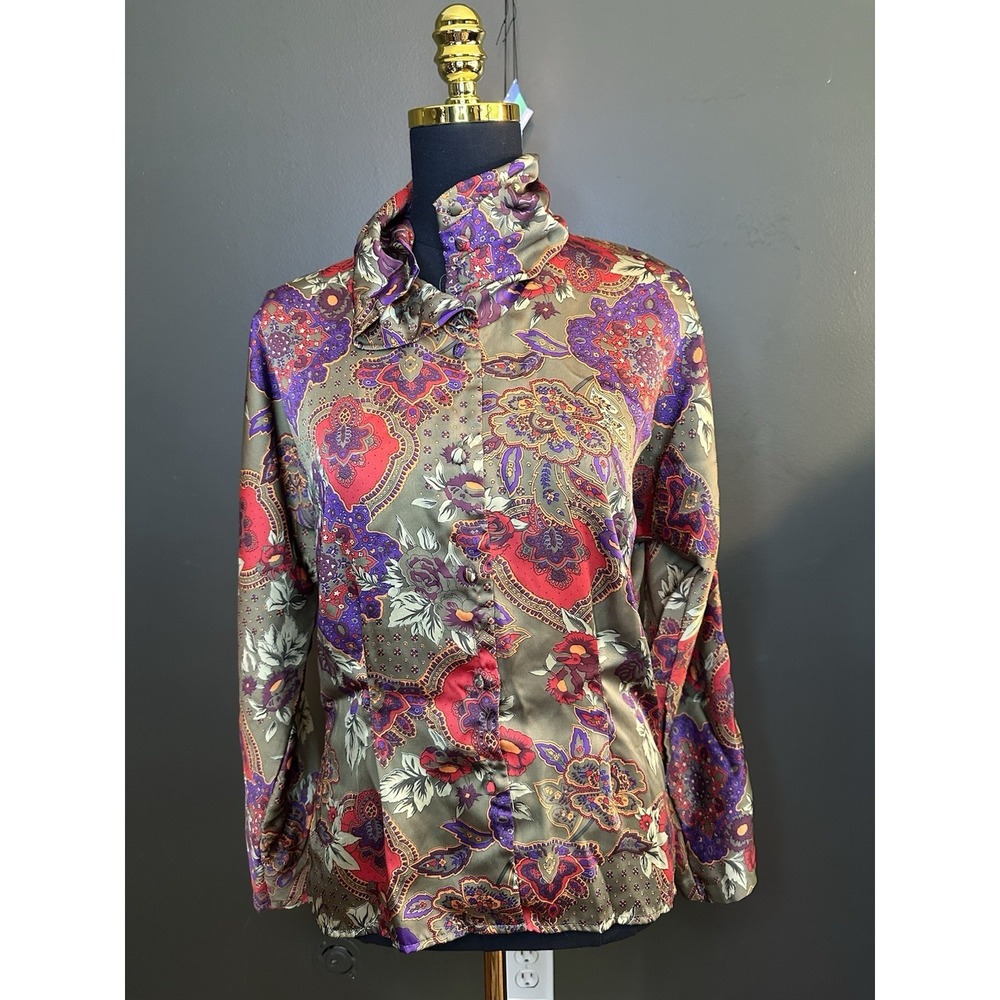 Vintage TESS long Sleeve Button Down Blouse High Neck‎ Paisley S/M